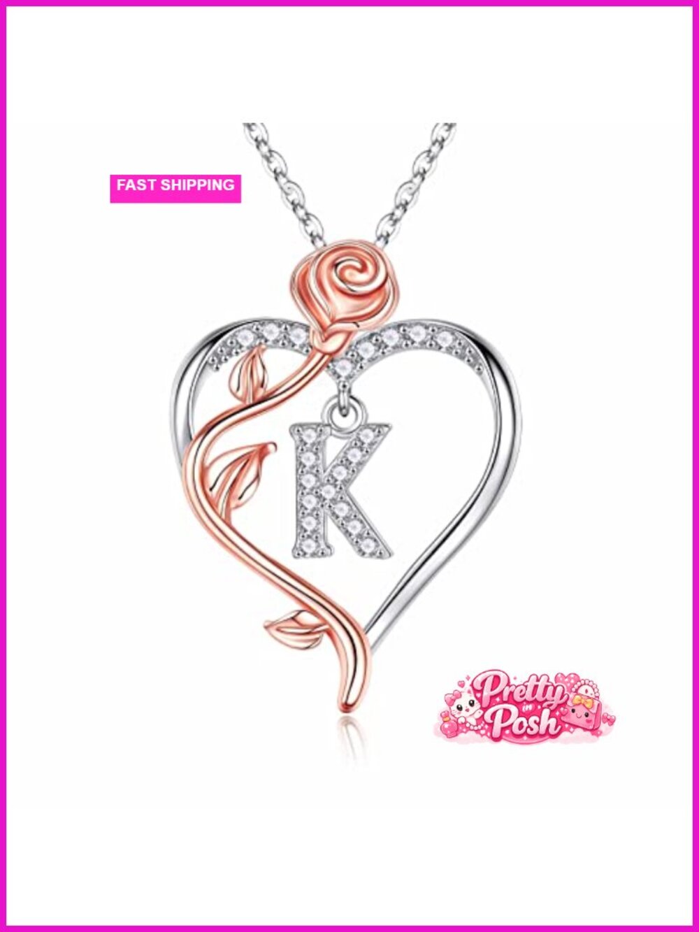 925 Sterling Silver Rose Heart Initial Pendant Necklace, Gift for Her